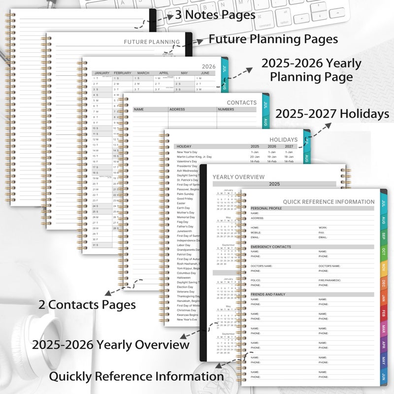 BooQool 2025-2026 Appointment Book/Planner - 2025-2026 Academic Planner Large 9"" x 11"", July 2025 - June 2026, Daily Hourly Planner with 30-Minute Interval, Weekly Monthly Planner, Colorful Monthly Tabs, Inner Pocket - Black - Image 5